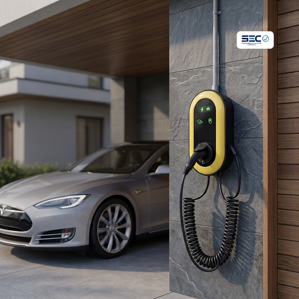 Cargador THUNDERSTORM Wallbox instalado en una casa junto a un auto eléctrico. Pack con instalación y certificación SEC.