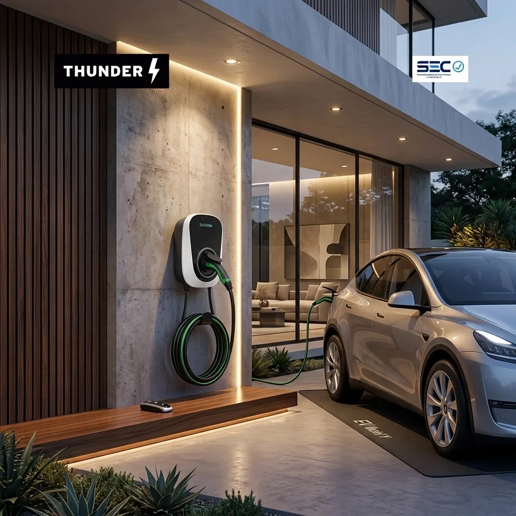 Cargador DUOSIDA Wallbox 7 kW instalado en el muro de una casa, cargando un auto eléctrico. Pack con instalación y certificación SEC.